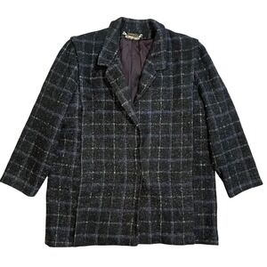 VTG 80s Tweed Wool Plaid Blazer Coat Womens XL Made in USA Classic Black Blue